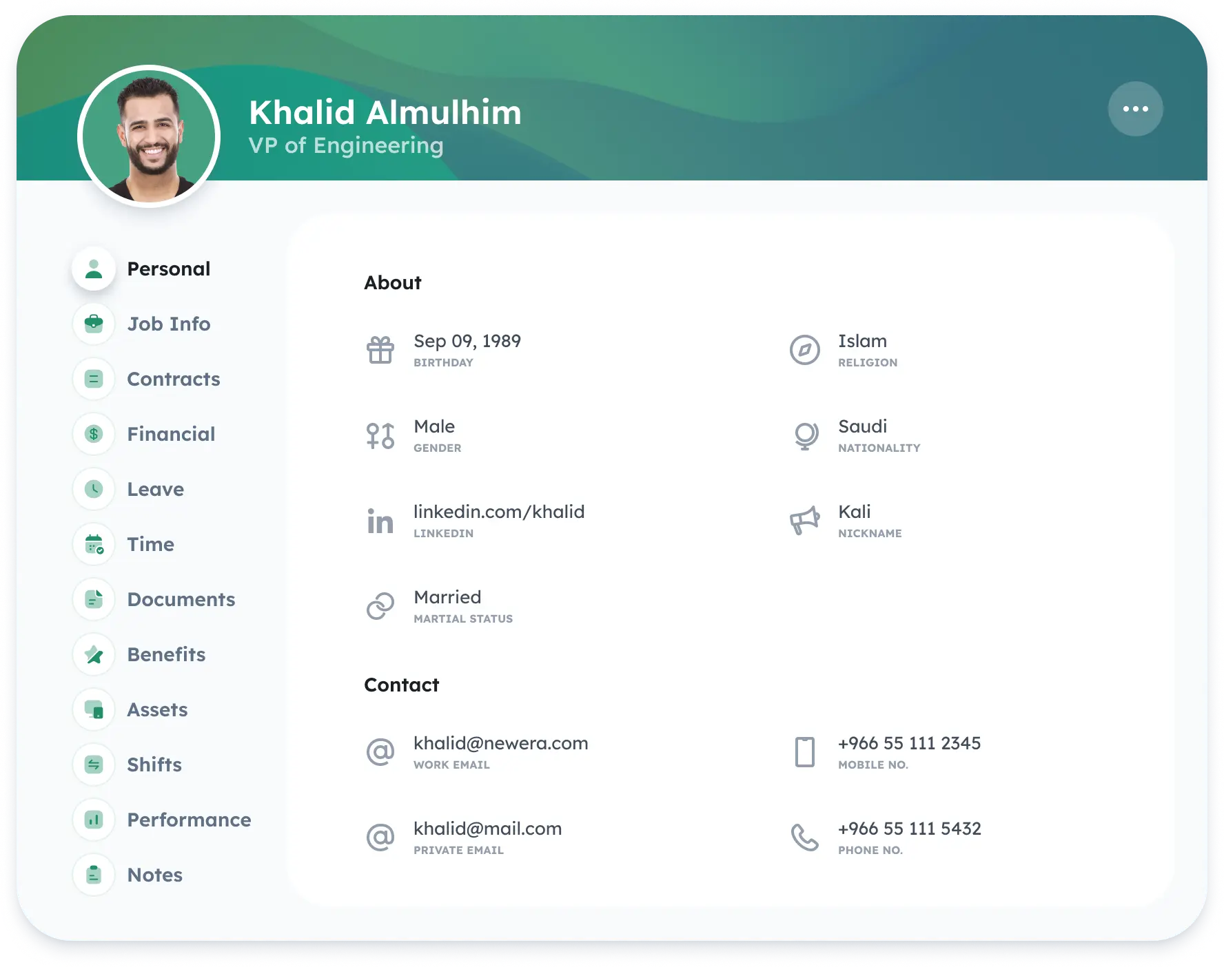 Employee profile showing personal details and contact information