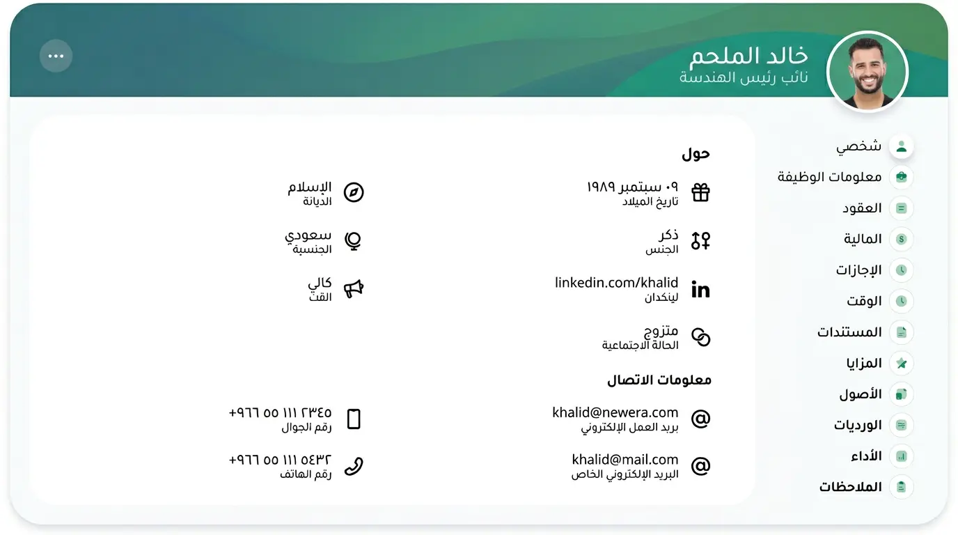 Employee profile showing personal details and contact information
