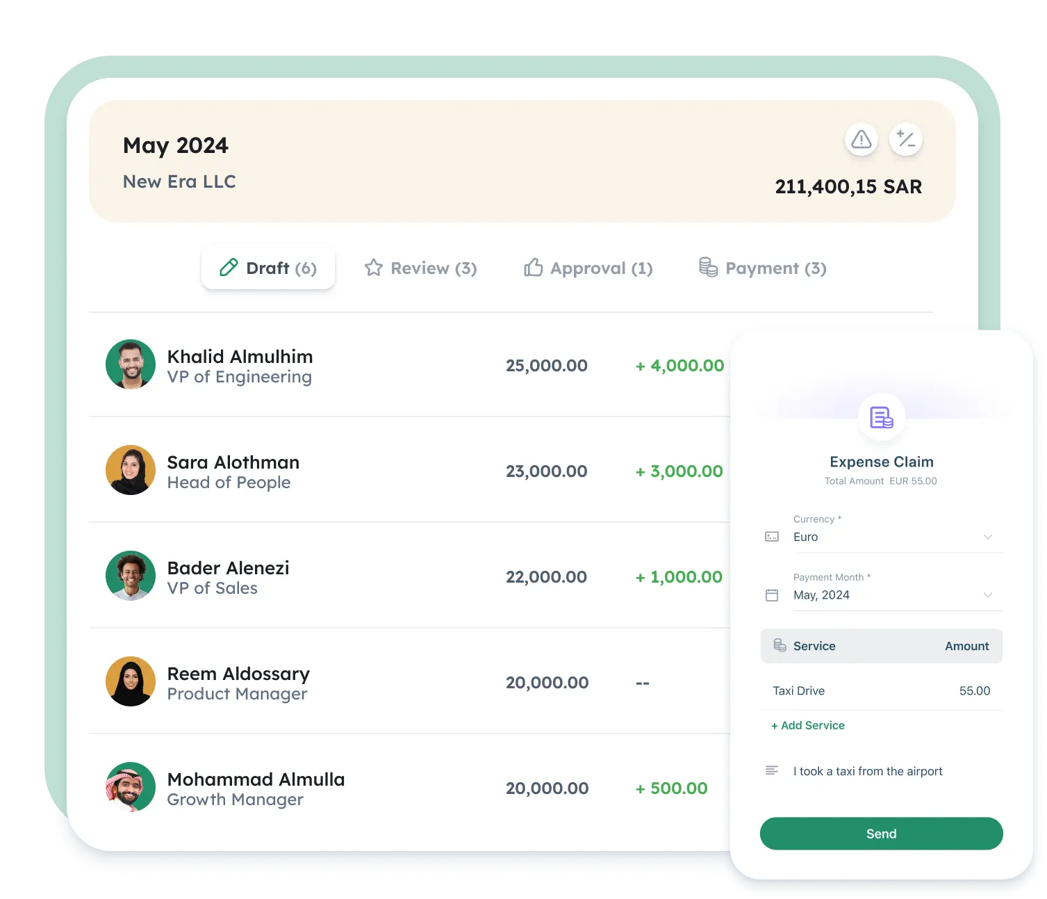 Payroll Dashboard showing payroll processing and expense claims