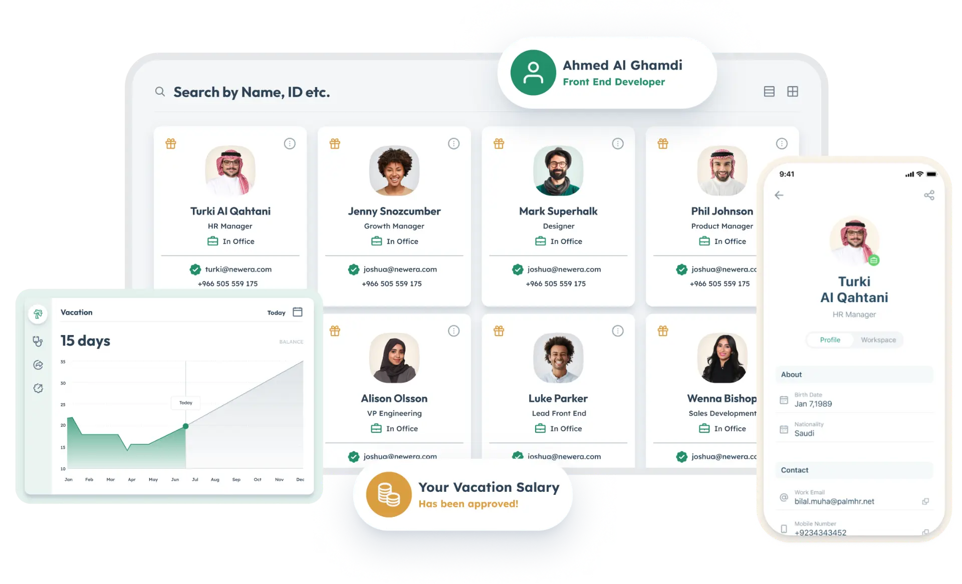palm.hr platform dashboard showing employee directory, vacation tracking, and mobile app