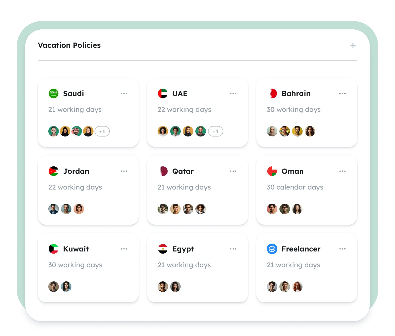 Vacation policies by country with working days configuration