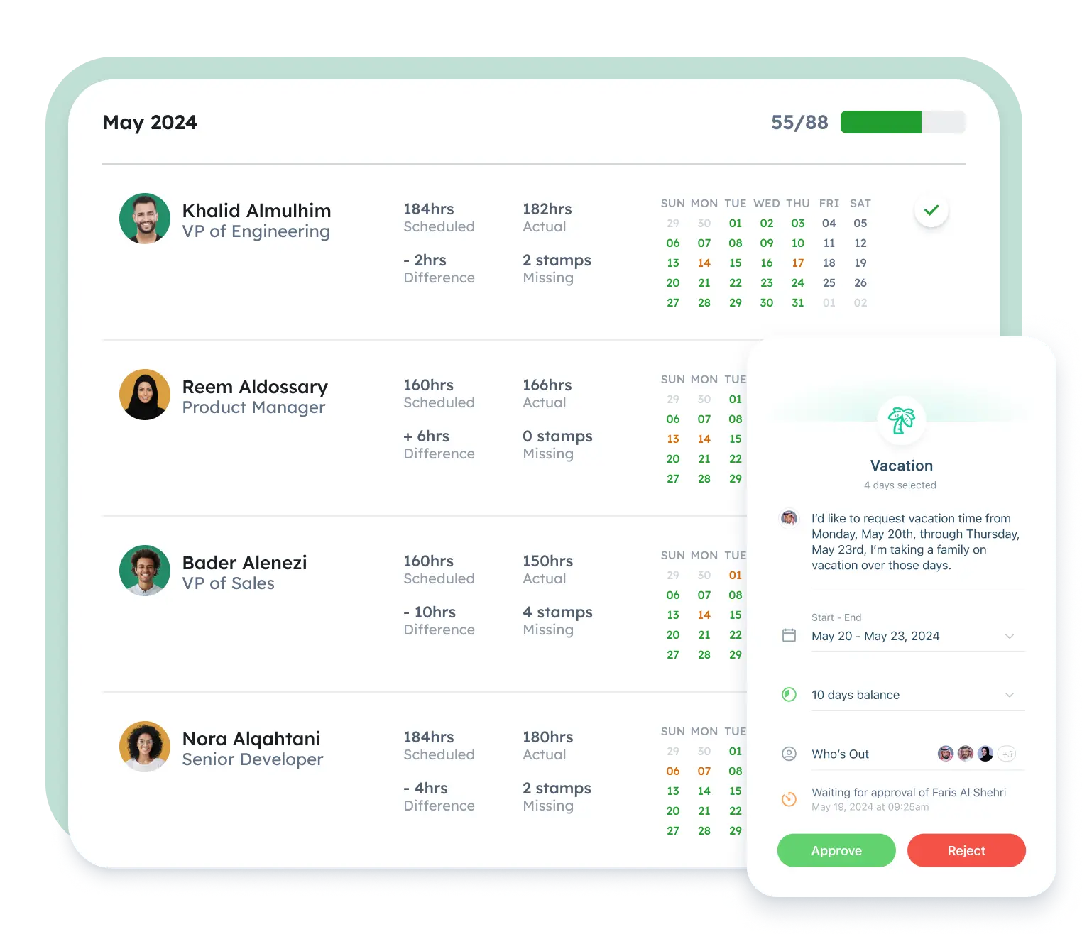Attendance Dashboard showing timesheet and vacation tracking